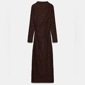 Zara Long Sleeve Brown Lace Draped Midi Dress